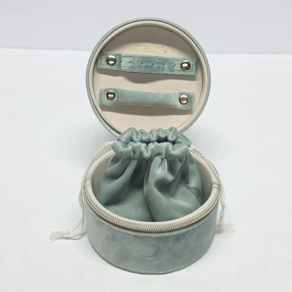 NWOT Spartina 449 Round Jewelry Travel Case Dusty Blue Velvet Organizer Box